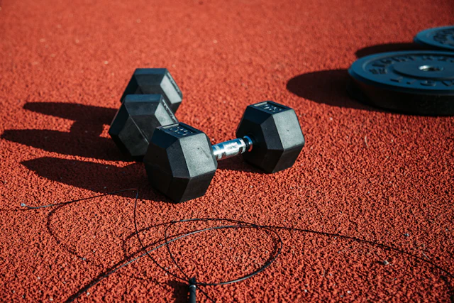 Black dumbbells and a jump rope on a red running track.
